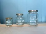 hexagon glass jars, 266ml, 110, ml and 45ml