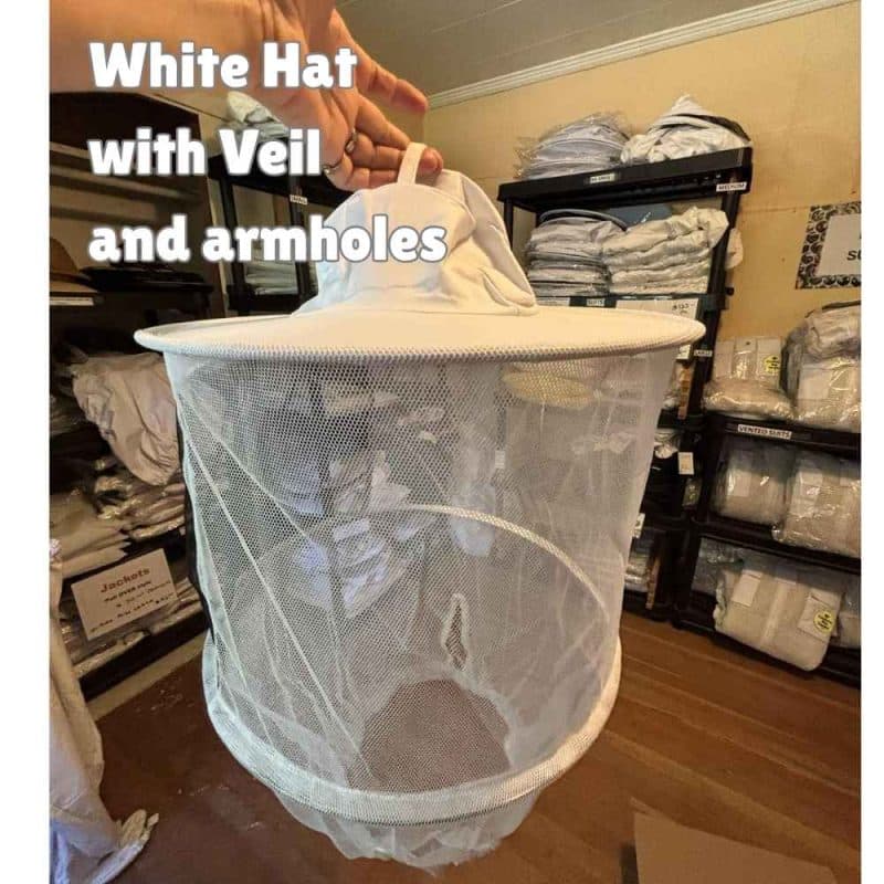 White protective hat with veil and armholes